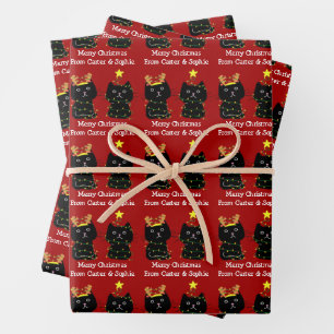 Feuille De Papier Cadeau Mignons deux chats Joyeux lumières de Noël Rouge P