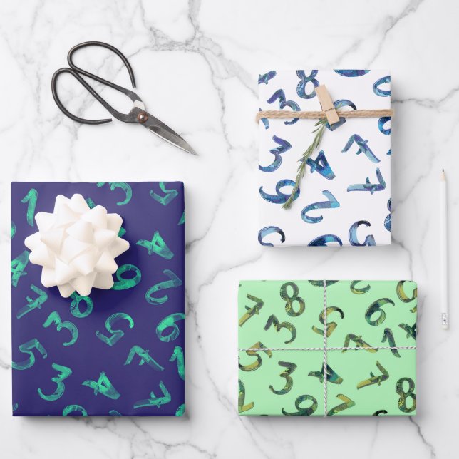 Feuille De Papier Cadeau Mignons Nombre Motif Marine Bleu Green Mathématiqu (Recto)