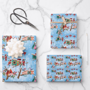Feuille De Papier Cadeau Milieu du siècle moderne Maisons d'oiseaux Noël