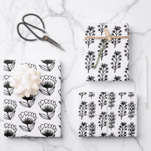 Feuille De Papier Cadeau Minimaliste Floral Whimsical Noir & Blanc Cute