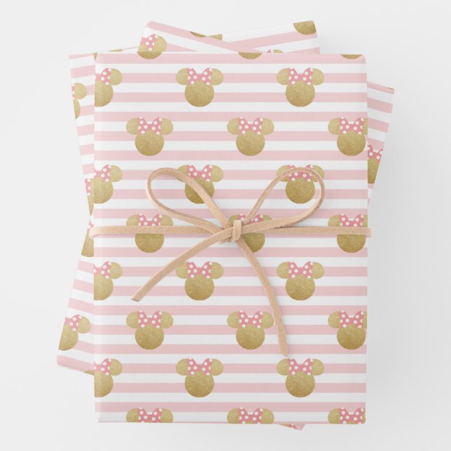 Feuille De Papier Cadeau Minnie Mouse | Or et rose rayé Anniversaire (En situation)