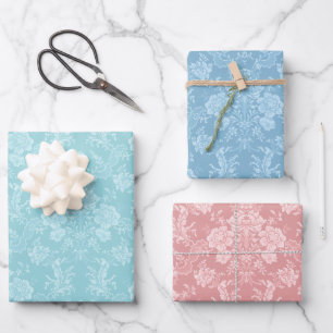 Feuille De Papier Cadeau Mint Vintage Floral Damask-Pastel, rose, bleu