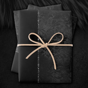 Feuille De Papier Cadeau Minuit Onyx Romance   Black Satiny Grunge Damask