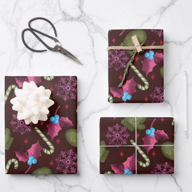 Feuille De Papier Cadeau Mittens de Noël, Snowflakes, Bâtons à menthe poivr (Recto)