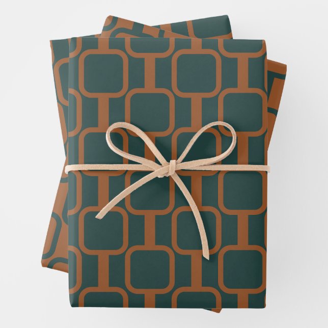 Feuille De Papier Cadeau Mod Links Motifs géométriques en rouille et bleu (En situation)