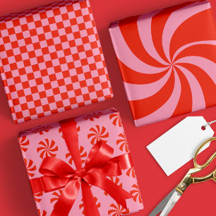 Feuille De Papier Cadeau Mod Wavy Super Hippie Rétro Noël rose rouge