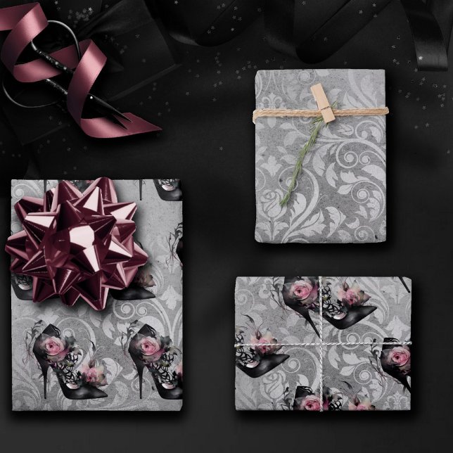 Feuille De Papier Cadeau Mode gothique Stiletto talon avec Roses rose mauve (Créateur téléchargé)