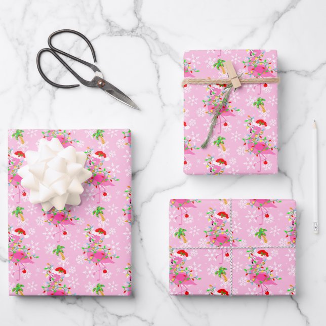 Feuille De Papier Cadeau Modèle Flamingo rose de Noël (Recto)