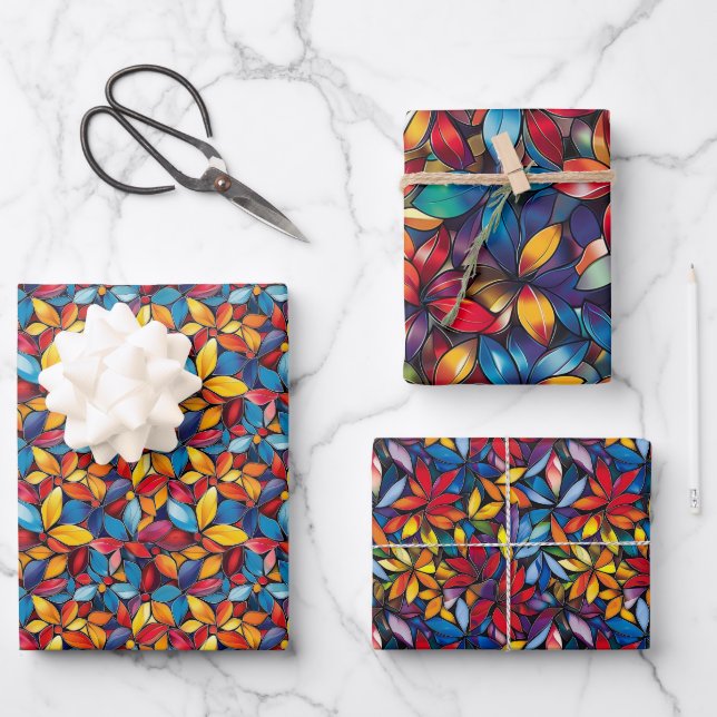 Feuille De Papier Cadeau Modèle floral 3D Vibrant En Verre Tiré (Recto)