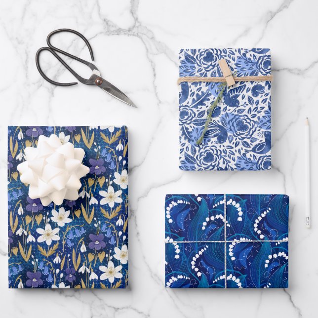 Feuille De Papier Cadeau Modèle floral ancré Royal Blue Early Spring (Recto)
