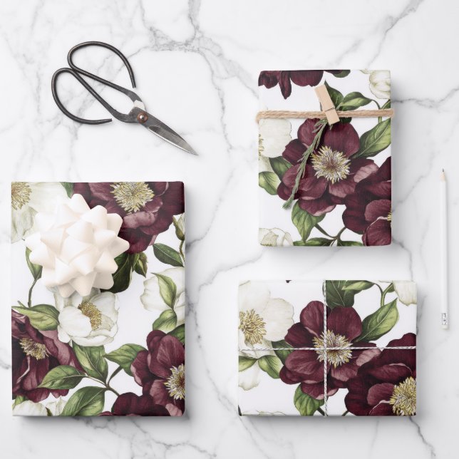Feuille De Papier Cadeau Modèle floral Bourgogne (Recto)