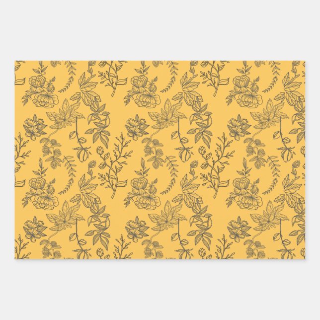 Feuille De Papier Cadeau Modèle floral de pays français jaune (Devant)
