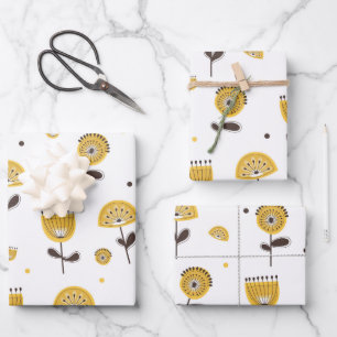 Feuille De Papier Cadeau Modèle Floral Jaune Moderne Du Milieu Du Siècle