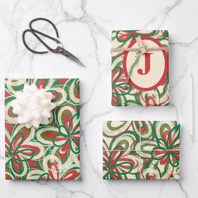 Feuille De Papier Cadeau Modèle floral rétro de Noël peint initial (Recto)