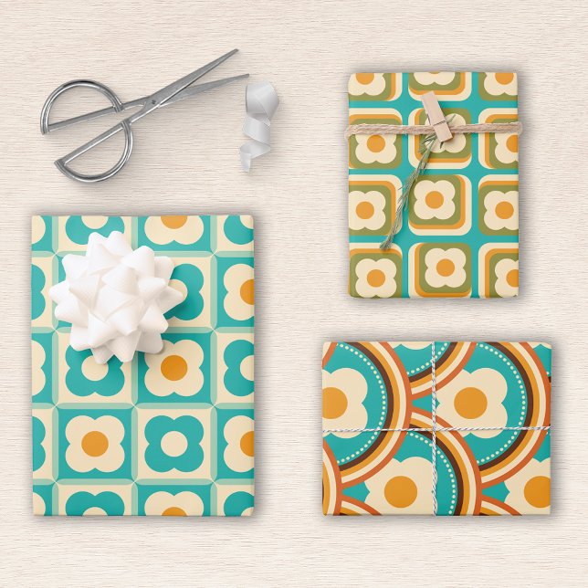 Feuille De Papier Cadeau Modèle Floral Rétro Turquoise, Crème, Orange (Créateur téléchargé)