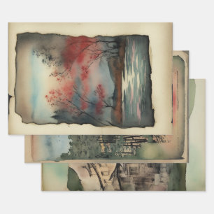 Feuille De Papier Cadeau Modèle paysager traditionnel japonais éphémère No8