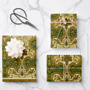 Feuille De Papier Cadeau Modèle vintage vert et or floral