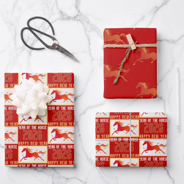 Feuille De Papier Cadeau Modern Chinese Horse New Year 2026  (Recto)