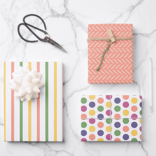 Feuille De Papier Cadeau Modern Orange, Green, Yellow Stripes and Polka Dot (Recto)