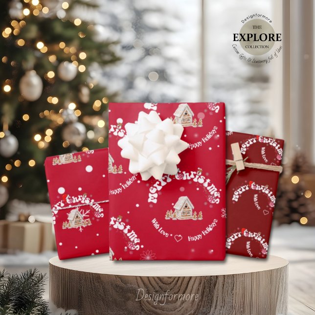 Feuille De Papier Cadeau Modern Red Curved Graffiti Merry Christmas  (Créateur téléchargé)