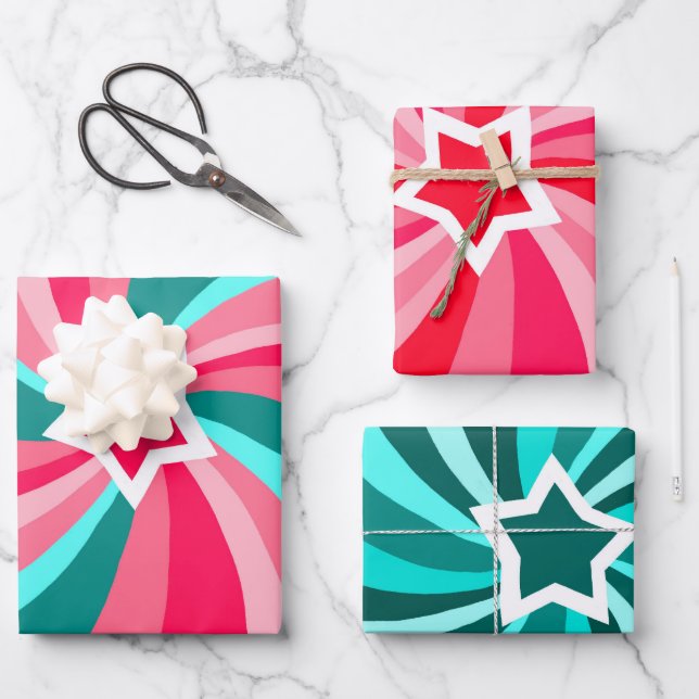 Feuille De Papier Cadeau Modern Swirl Star Green Pink Set of  (Recto)