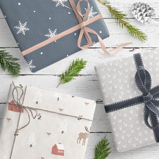 Feuille De Papier Cadeau Moderne Gris Neutre Maisons Scandinaves Snowflakes (Créateur téléchargé)