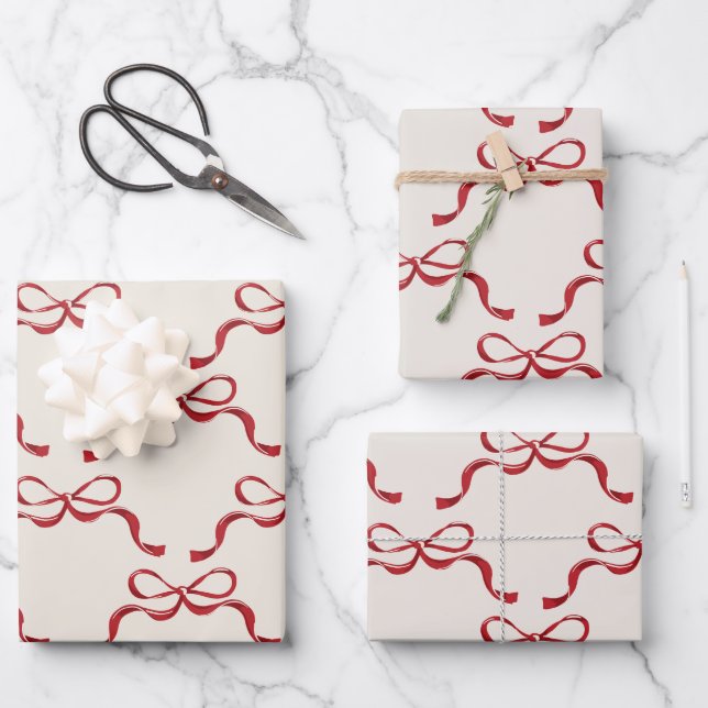 Feuille De Papier Cadeau Moderne Red Retro Trendy Christmas Holiday Bows (Recto)