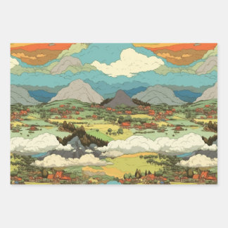Feuille De Papier Cadeau Monde Ghibli - Nuages et Montagnes Enveloppement P
