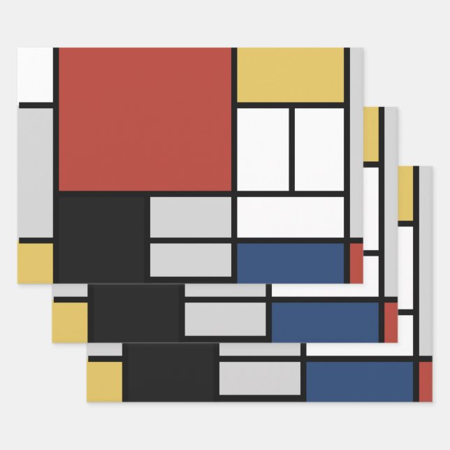 Feuille De Papier Cadeau Mondrian Peinture Rouge Plane Jaune Noir Gris Bleu (Lot)