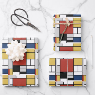 Feuille De Papier Cadeau Mondrian Peinture Rouge Plane Jaune Noir Gris Bleu