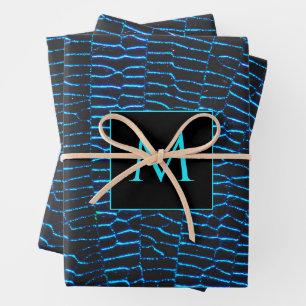 Feuille De Papier Cadeau Monogramme abstrait bleu brillant métallique