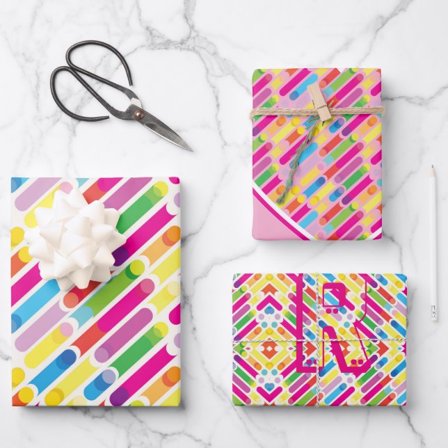 Feuille De Papier Cadeau Monogramme Arc-en-ciel lignes diagonales Motif Pop (Recto)