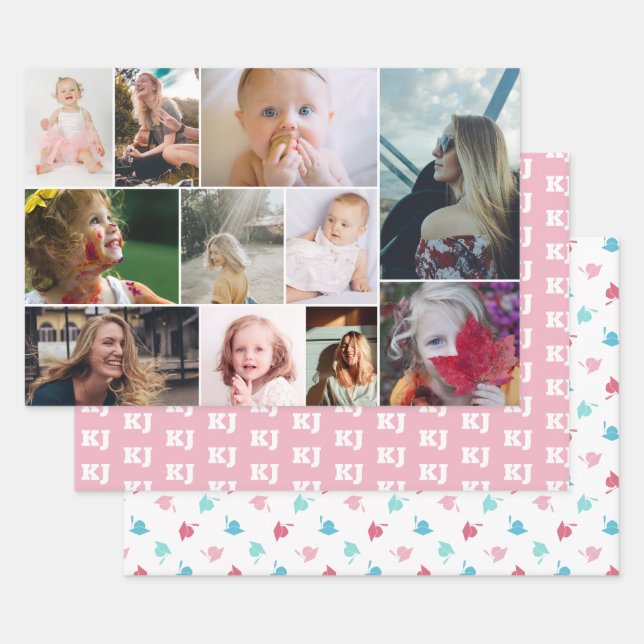 Feuille De Papier Cadeau Monogramme de Collage de photos rose Turquoise (Lot)