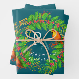 Feuille De Papier Cadeau Monogramme de Noël bleu océan