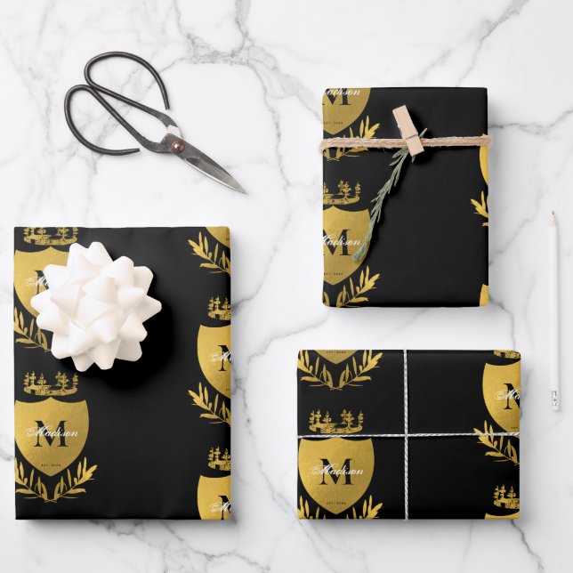 Feuille De Papier Cadeau Monogramme du bouclier royal noir et or (Recto)