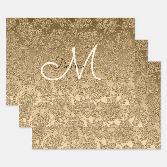 Feuille De Papier Cadeau Monogramme Elegant Or Moderne Floral Girly (Lot)