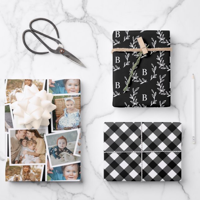 Feuille De Papier Cadeau Monogramme en plaid noir et collage photo (Recto)