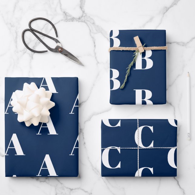Feuille De Papier Cadeau Monogramme marine bleu blanc personnalisé motif in (Recto)