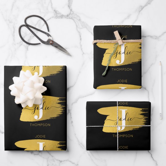 Feuille De Papier Cadeau Monogramme moderne noir et or (Recto)