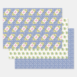 Feuille De Papier Cadeau Monogramme Monogramme Mosaïque Bleu Blanc Motif