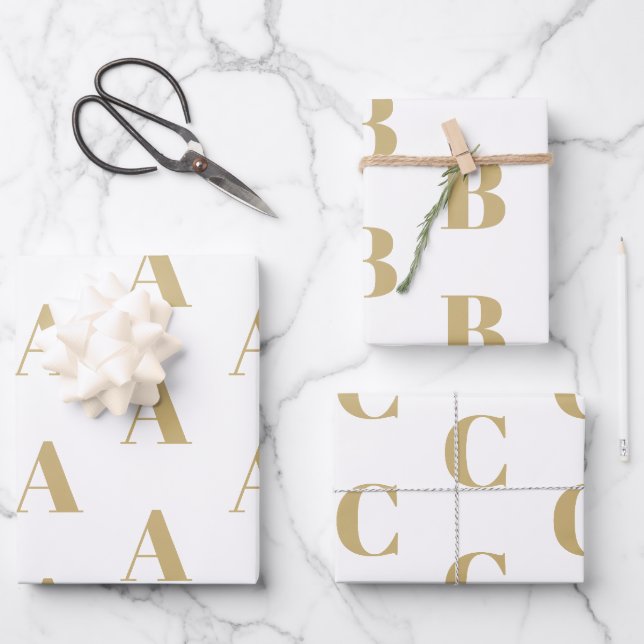 Feuille De Papier Cadeau Monogramme personnalisé blanc or moderne motif ini (Recto)