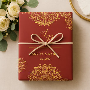 Feuille De Papier Cadeau Monogramme Rouge or Mandala Mariage indien