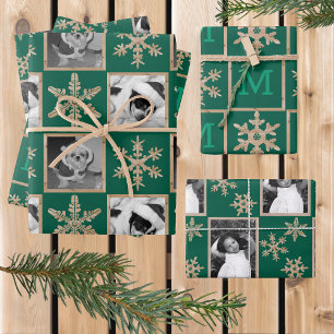 Feuille De Papier Cadeau Monogramme Russe de flakes de neige vert moderne p