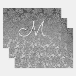 Feuille De Papier Cadeau Monogramme Silver Grey Élégant Floral Art Moderne