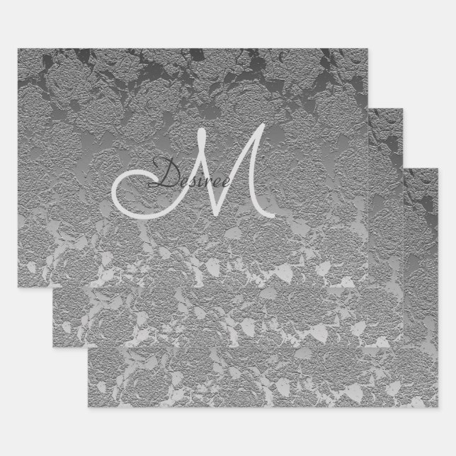 Feuille De Papier Cadeau Monogramme Silver Grey Élégant Floral Art Moderne (Lot)