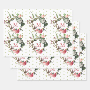 Feuille De Papier Cadeau Monogramme Vintage Floral et Pois de couronne d'oi