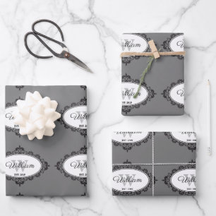 Feuille De Papier Cadeau Monogramme Vintage minimaliste noir et blanc Damas