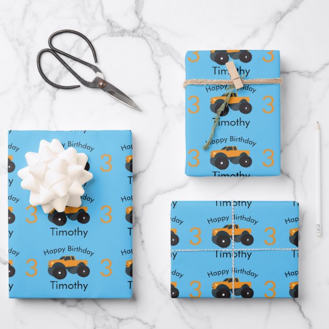 Feuille De Papier Cadeau Monster Truck Orange Blue Boy's Name & Age (Recto)
