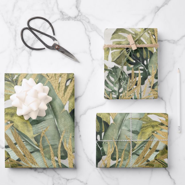 Feuille De Papier Cadeau Monstera Leaf Majesty & Gold Tropical Palms (Recto)