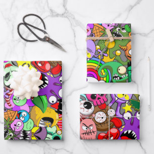 Feuille De Papier Cadeau Monstres caractères mignons Motif d'Halloween